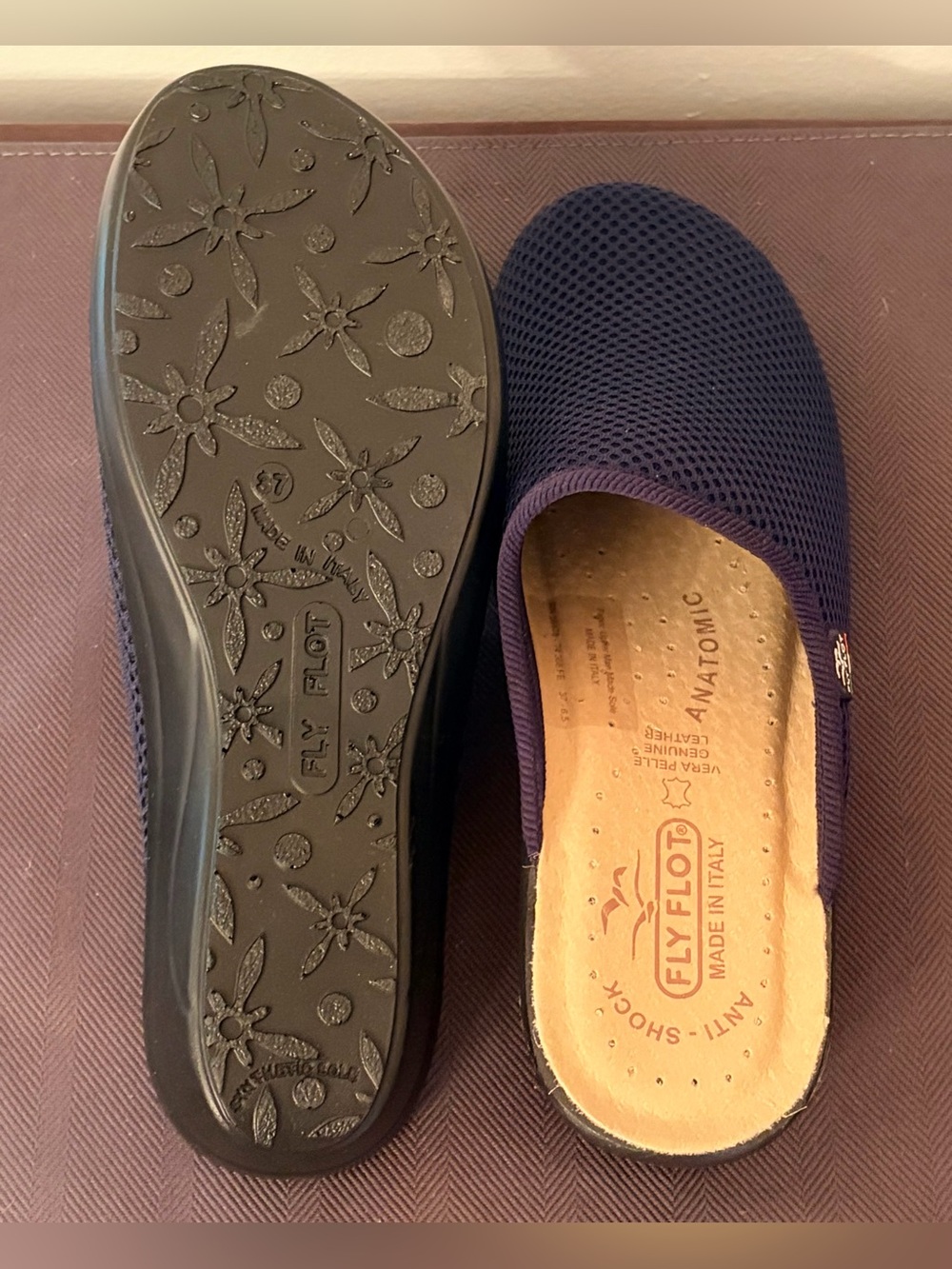 Fly Flot Women's Slip On Mules Size EU37 US 6.5 Blue Mesh Clogs Anti-Shock Italy - Picture 13 of 14